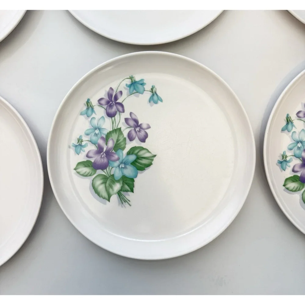 Set of 6 Royalon Melmac Violet Corsage Purple Floral Dinner Plates 9.5